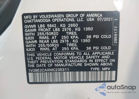 2021 Volkswagen Atlas Cross Sport 3.6L V6 Sel from USA, damaged, VIN 1V2BE2CAXMC235311